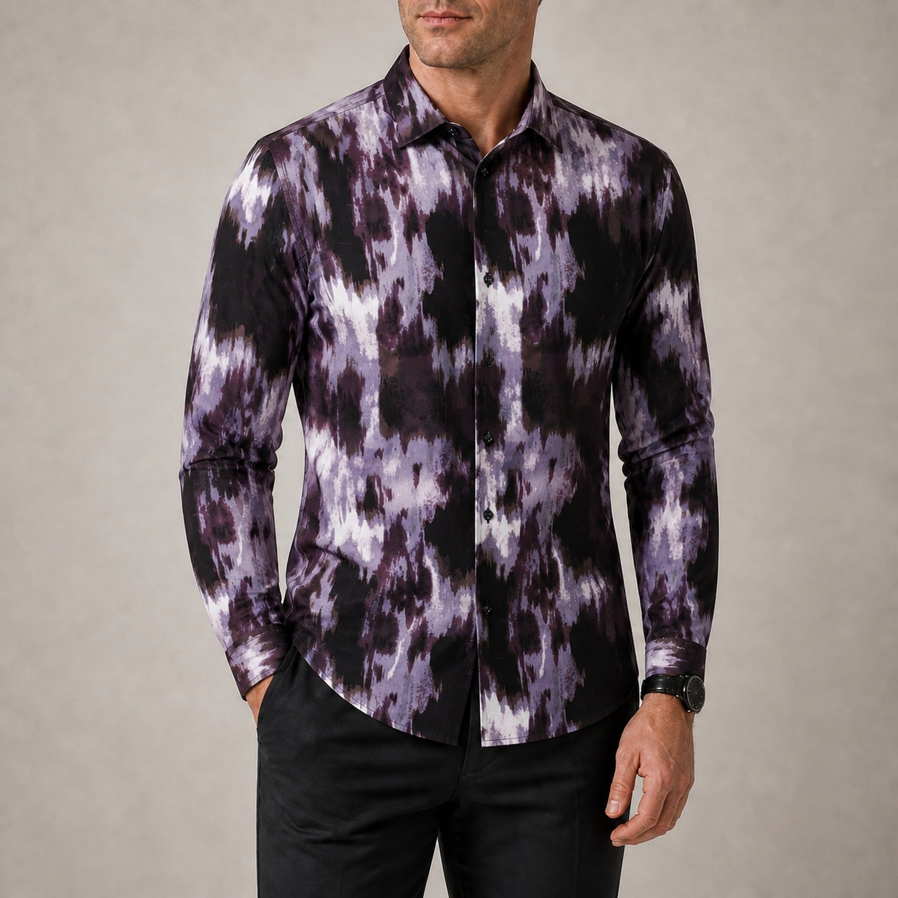 Drift men's abstract print roll-sleeve shirt in Violet Ink, view 02