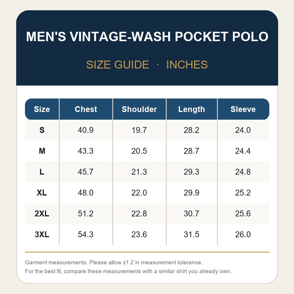 Marlow men's vintage-wash pocket polo size chart in inches, sizes S to 3XL