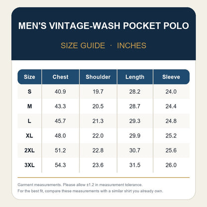 Marlow men's vintage-wash pocket polo size chart in inches, sizes S to 3XL