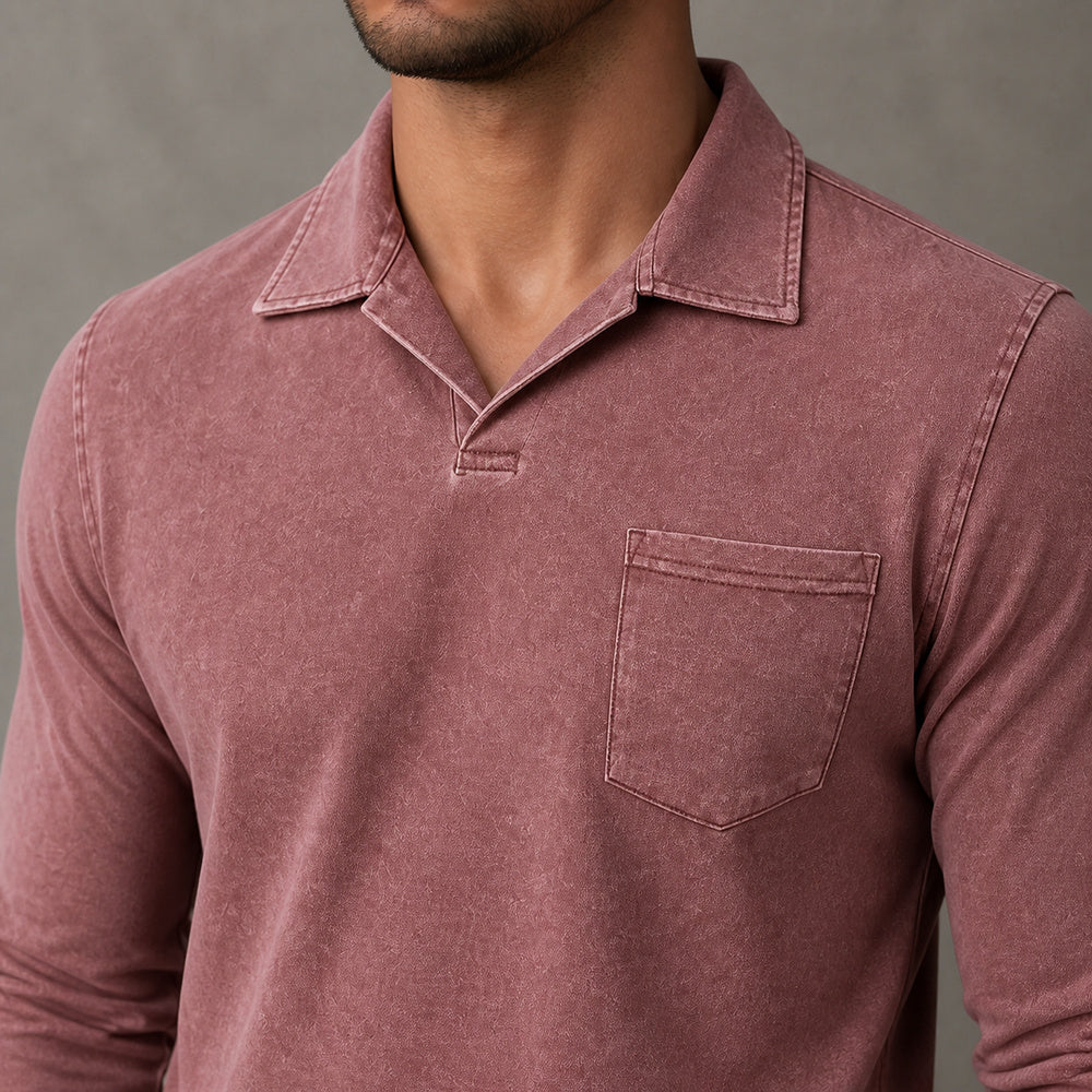 Close-up of Marlow men's Burgundy vintage-wash polo collar, stitched tab, and chest pocket