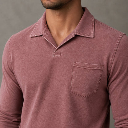 Close-up of Marlow men's Burgundy vintage-wash polo collar, stitched tab, and chest pocket