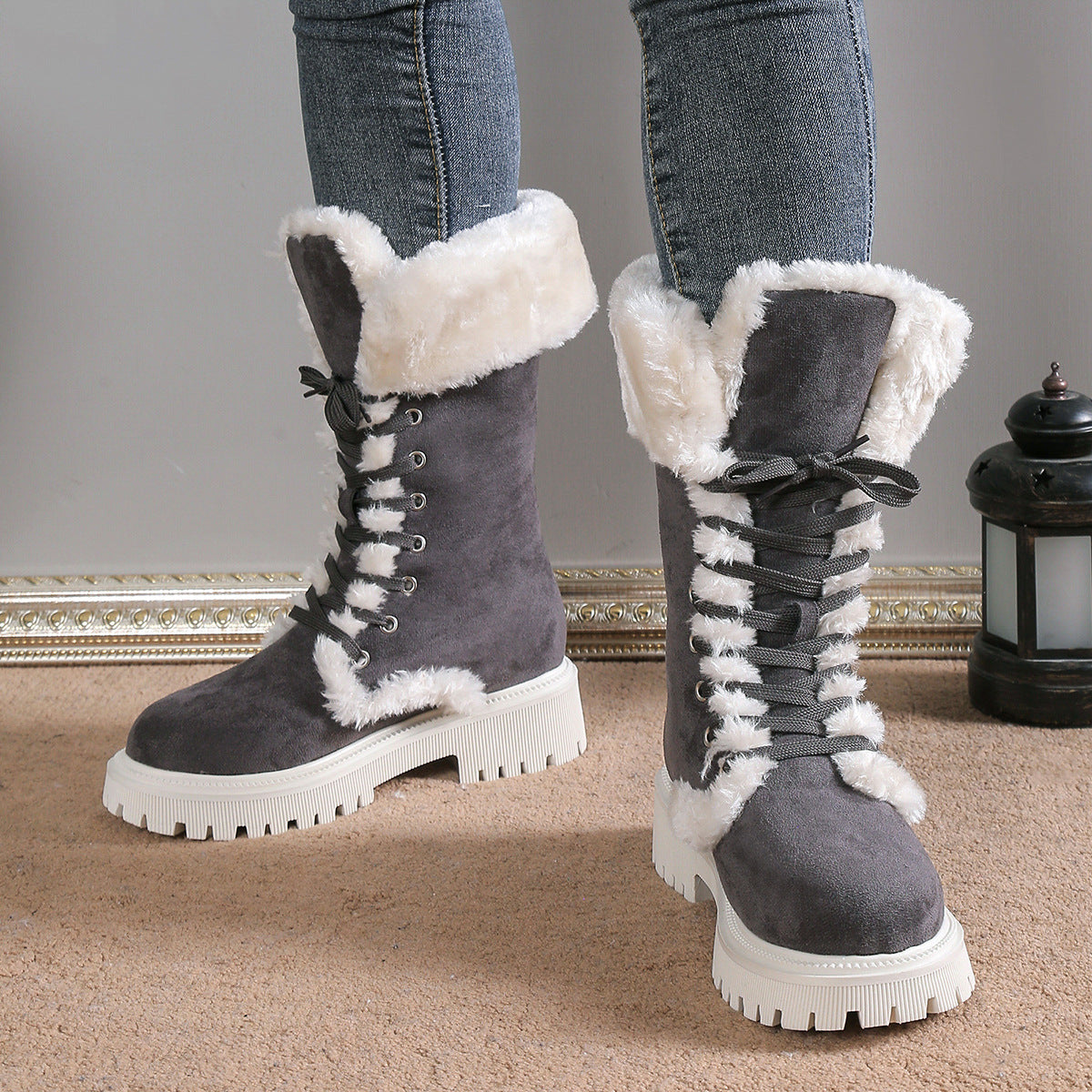 Women Solid Color Fluff Warm Snow Boots - Bellkmart