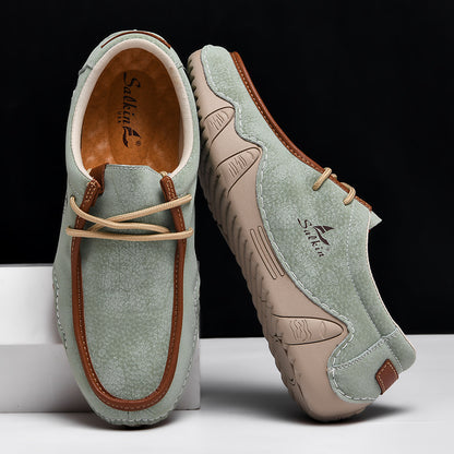 Men's Casual Suede Loafers with Contrast Stitching and Textured Sole - Bellkmart