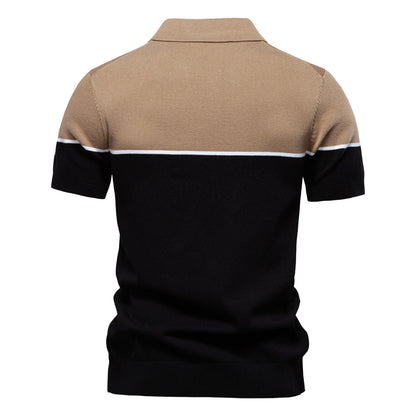Men's Short-Sleeve Two-Tone Polo Shirt with V-Neck and Ribbed Trim - Bellkmart