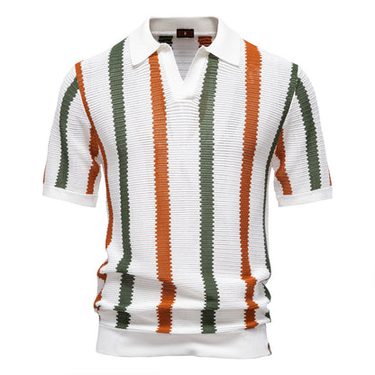 Men's Striped Knitted Polo Shirt with Collar - Bellkmart
