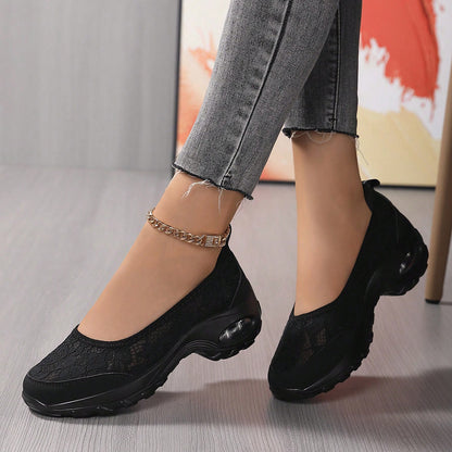 Women's Slip-On Lace Sneakers with Air-Cushioned Sole and Pull-Tab - Bellkmart