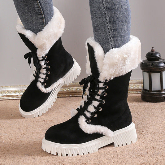 Women Solid Color Fluff Warm Snow Boots - Bellkmart