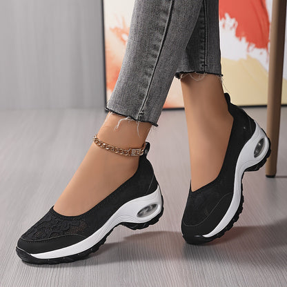 Women's Slip-On Lace Sneakers with Air-Cushioned Sole and Pull-Tab - Bellkmart