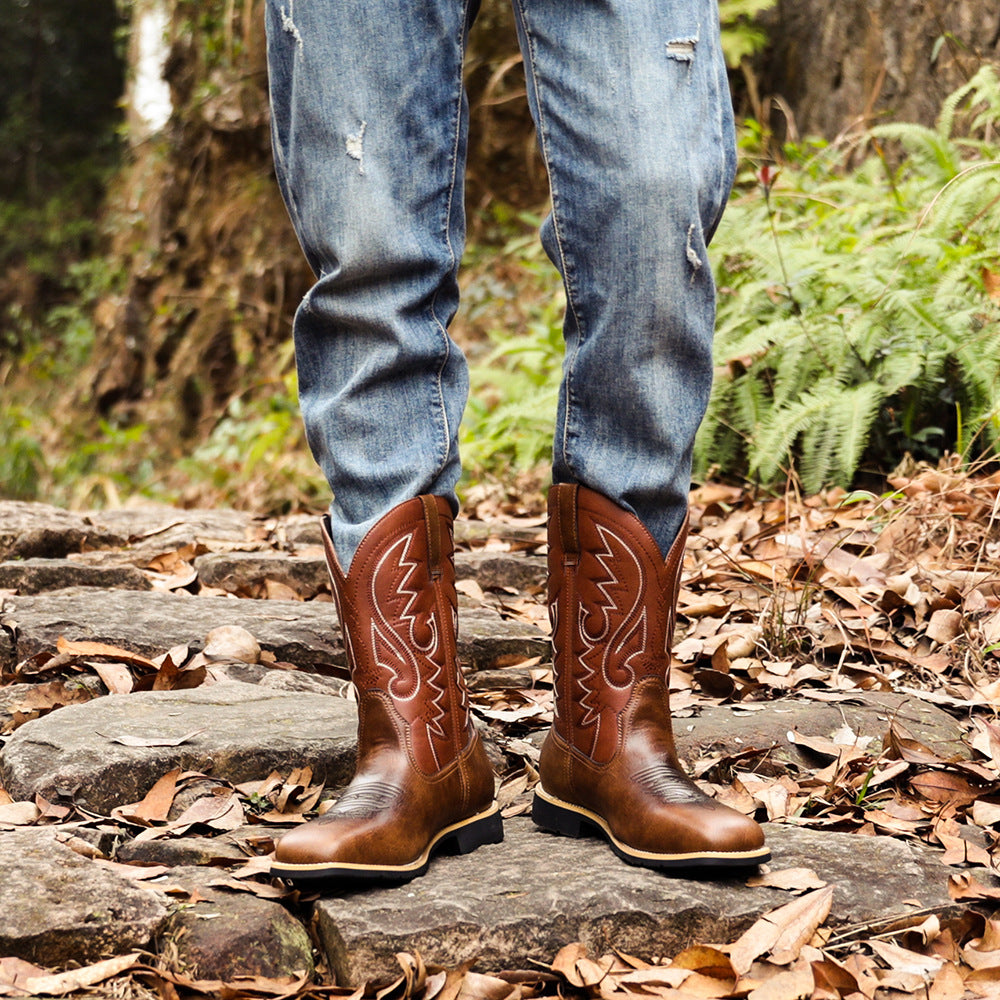 Embroidered Handmade Vintage Wide Toe Western Cowboy Boots - Bellkmart