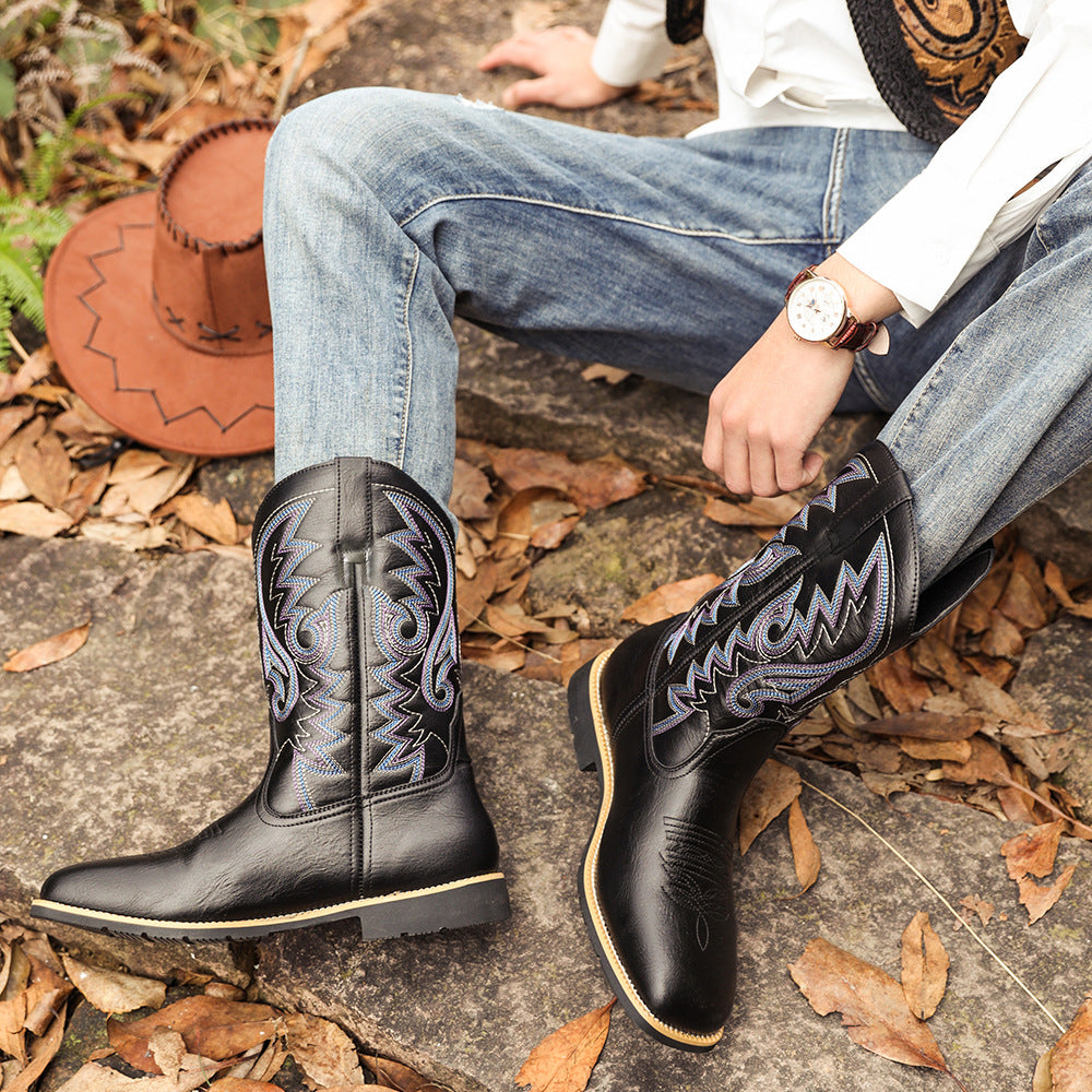 Embroidered Handmade Vintage Wide Toe Western Cowboy Boots - Bellkmart