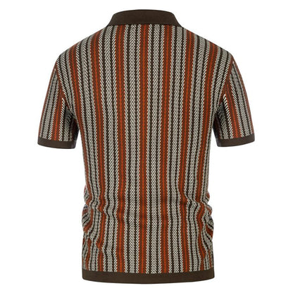 Mens Cuban Stripe Shirts Vintage Short Sleeve Knit Button Polo Shirts - Bellkmart
