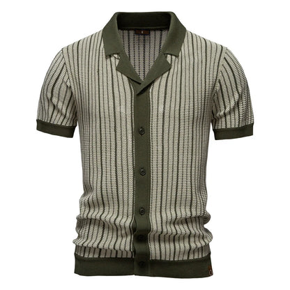 Men's Short-Sleeve Knitted Button-Up Striped Pattern and Contrast Trim Shirt - Bellkmart