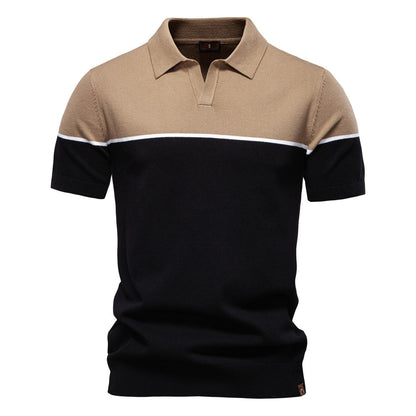Men's Short-Sleeve Two-Tone Polo Shirt with V-Neck and Ribbed Trim - Bellkmart