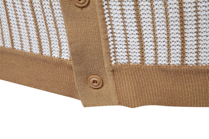 Men's Short-Sleeve Knitted Button-Up Striped Pattern and Contrast Trim Shirt - Bellkmart