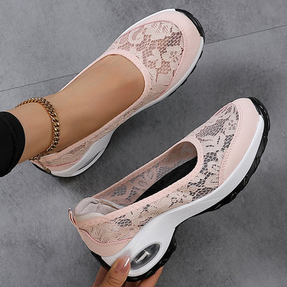 Women's Slip-On Lace Sneakers with Air-Cushioned Sole and Pull-Tab - Bellkmart