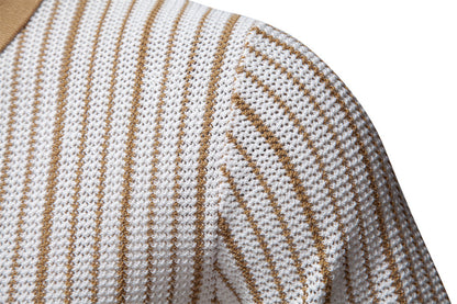 Men's Short-Sleeve Knitted Button-Up Striped Pattern and Contrast Trim Shirt - Bellkmart