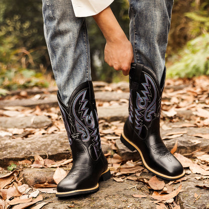 Embroidered Handmade Vintage Wide Toe Western Cowboy Boots - Bellkmart