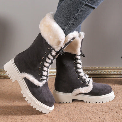 Women Solid Color Fluff Warm Snow Boots - Bellkmart