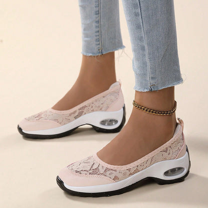Women's Slip-On Lace Sneakers with Air-Cushioned Sole and Pull-Tab - Bellkmart