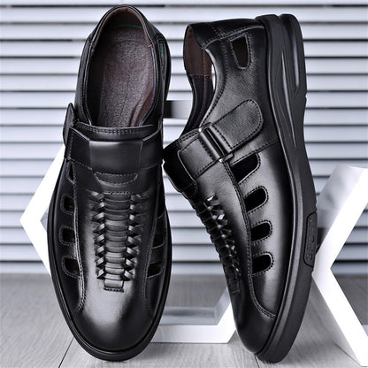 Men's Leather Sandals with Woven Detailing and Adjustable Buckle Strap - Bellkmart