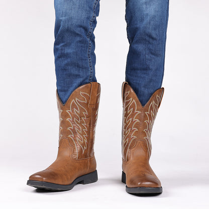 Classic Embroidered Vintage Wide Toe Western Cowboy Boots - Bellkmart