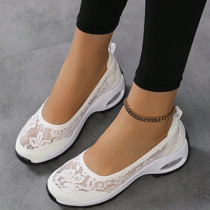 Women's Slip-On Lace Sneakers with Air-Cushioned Sole and Pull-Tab - Bellkmart