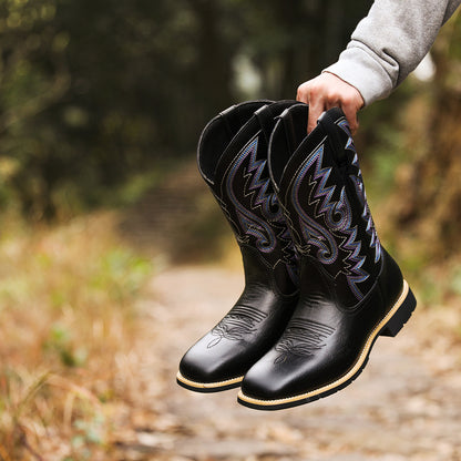 Embroidered Handmade Vintage Wide Toe Western Cowboy Boots - Bellkmart