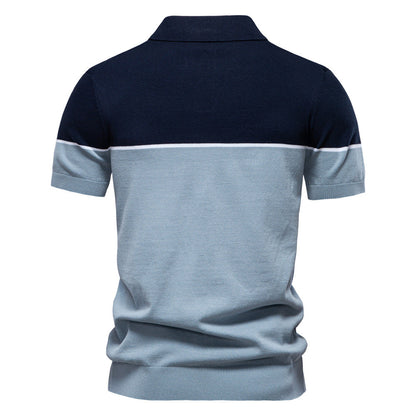 Men's Short-Sleeve Two-Tone Polo Shirt with V-Neck and Ribbed Trim - Bellkmart