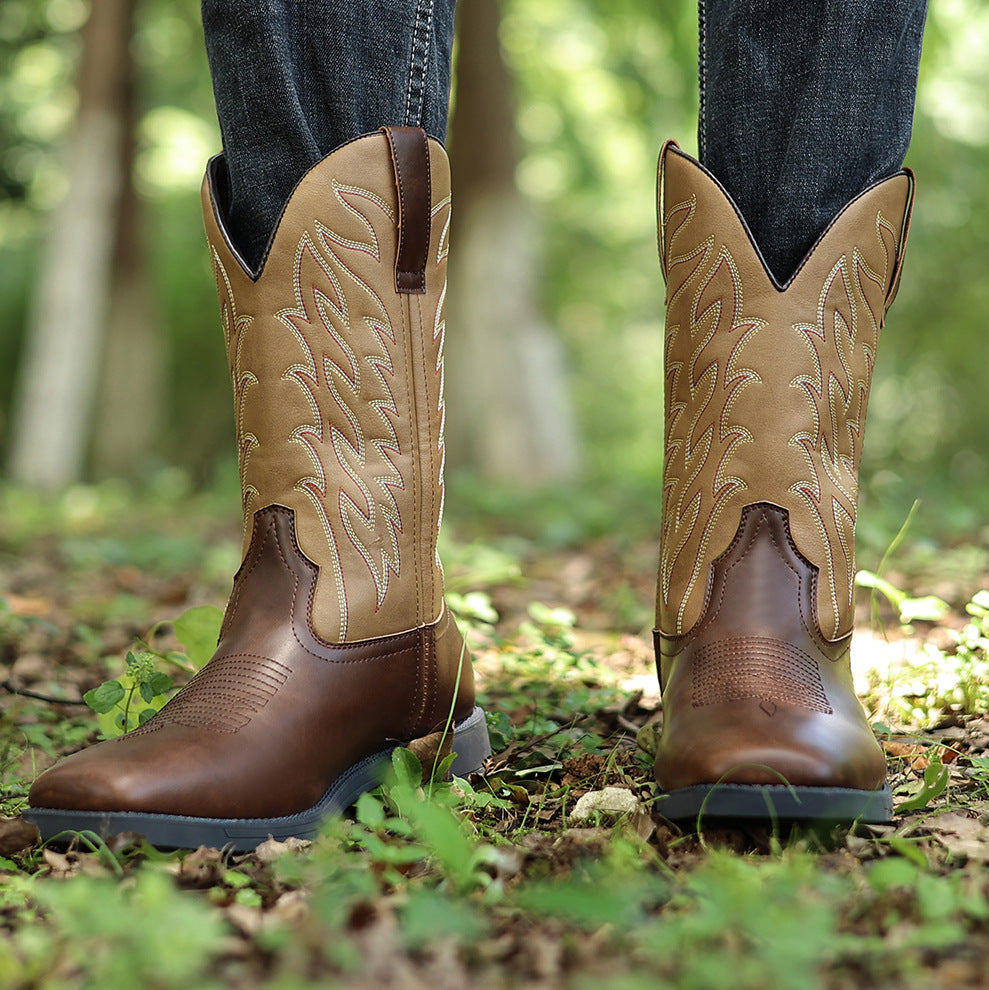 Classic Embroidered Vintage Wide Toe Western Cowboy Boots - Bellkmart