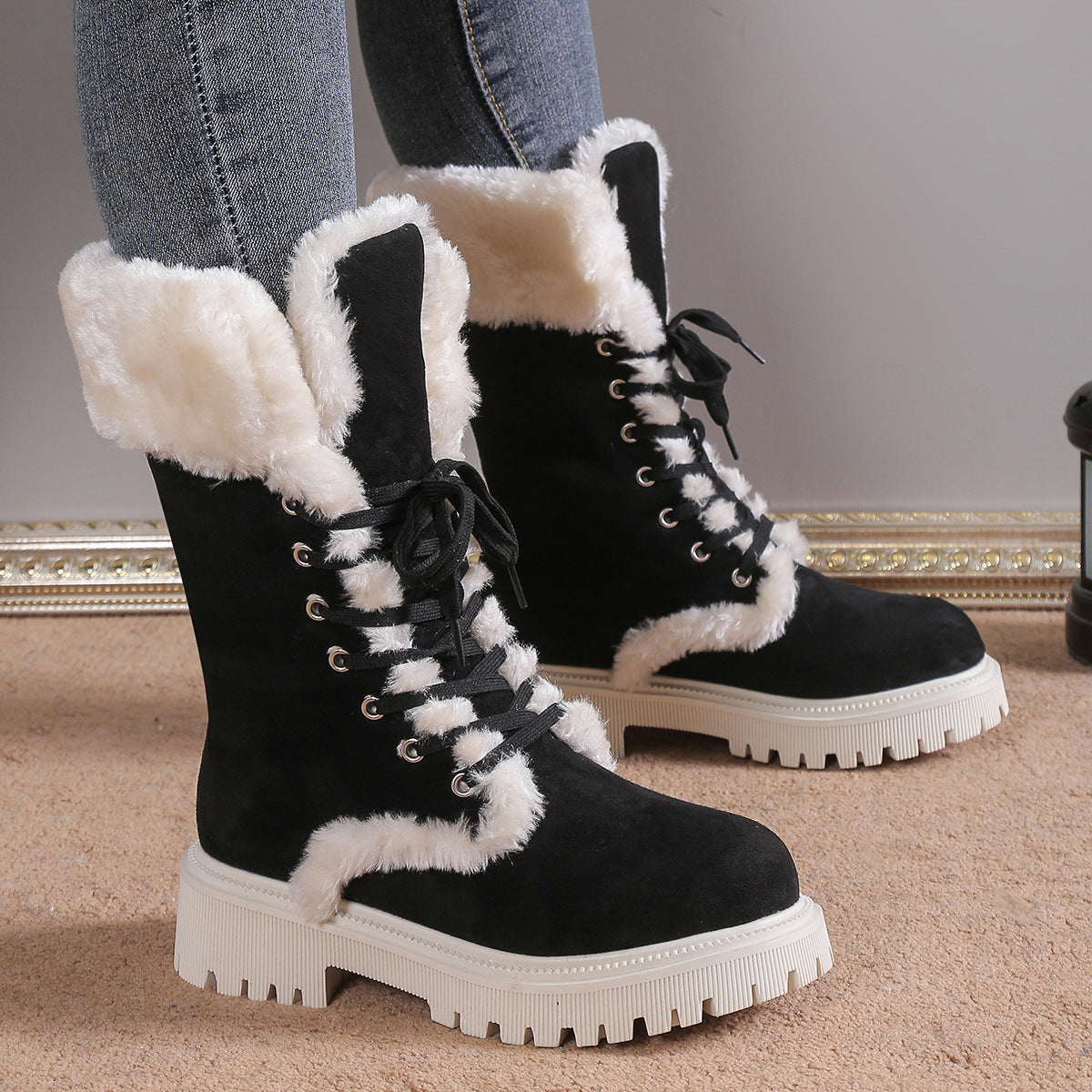 Women Solid Color Fluff Warm Snow Boots - Bellkmart