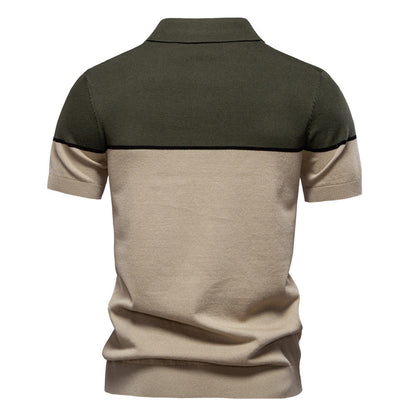 Men's Short-Sleeve Two-Tone Polo Shirt with V-Neck and Ribbed Trim - Bellkmart