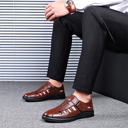 Men's Leather Sandals with Woven Detailing and Adjustable Buckle Strap - Bellkmart