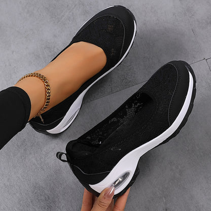 Women's Slip-On Lace Sneakers with Air-Cushioned Sole and Pull-Tab - Bellkmart