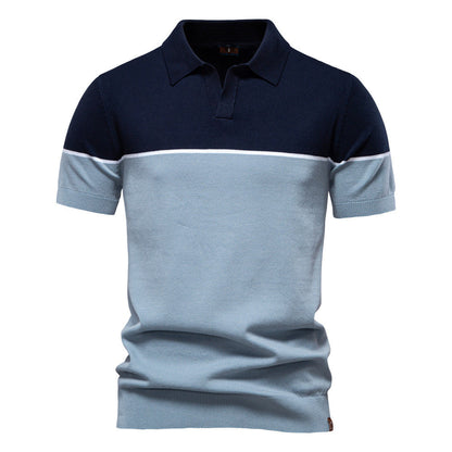 Men's Short-Sleeve Two-Tone Polo Shirt with V-Neck and Ribbed Trim - Bellkmart