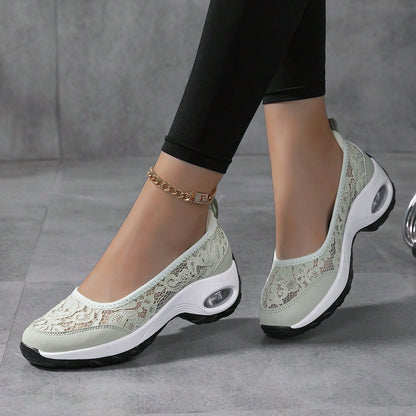 Women's Slip-On Lace Sneakers with Air-Cushioned Sole and Pull-Tab - Bellkmart