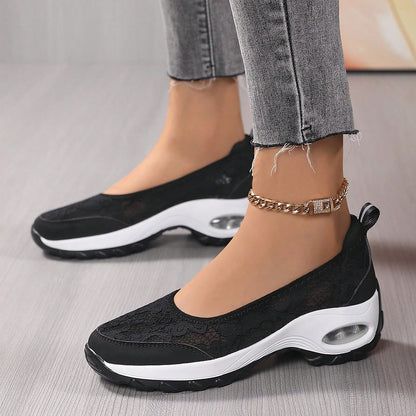 Women's Slip-On Lace Sneakers with Air-Cushioned Sole and Pull-Tab - Bellkmart