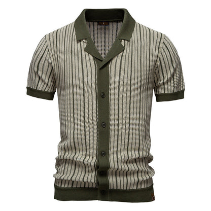 Men's Short-Sleeve Knitted Button-Up Striped Pattern and Contrast Trim Shirt - Bellkmart