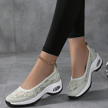 Women's Slip-On Lace Sneakers with Air-Cushioned Sole and Pull-Tab - Bellkmart