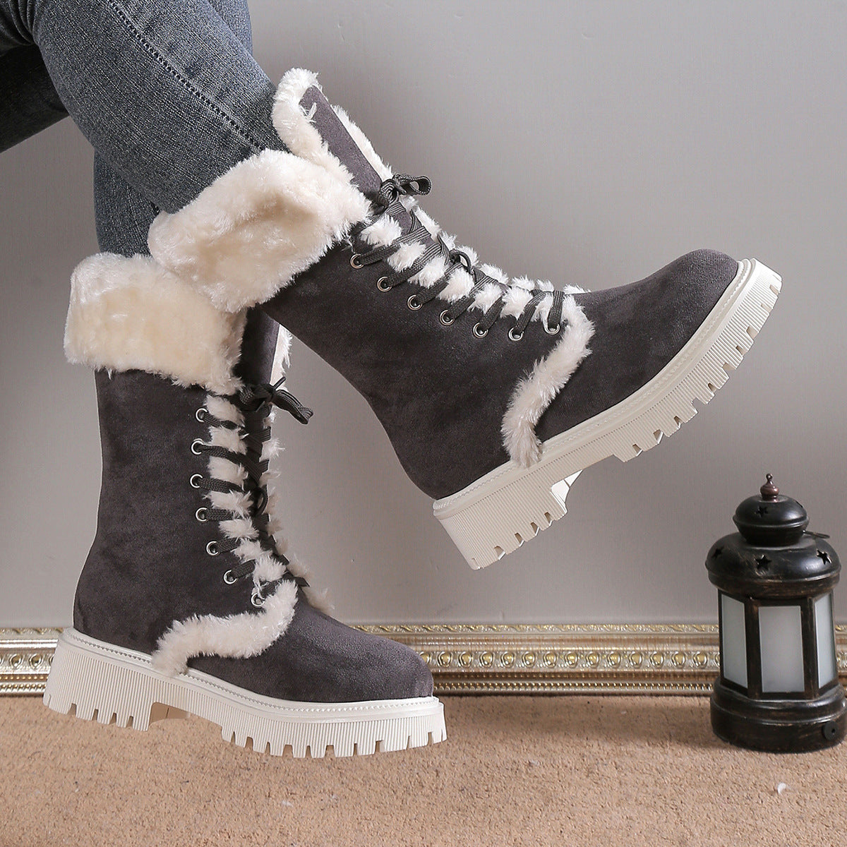 Women Solid Color Fluff Warm Snow Boots - Bellkmart