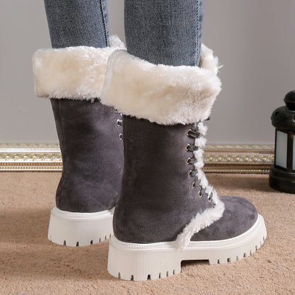 Women Solid Color Fluff Warm Snow Boots - Bellkmart