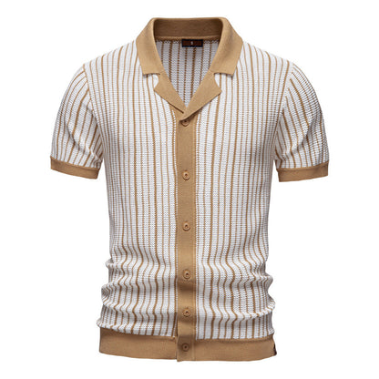 Men's Short-Sleeve Knitted Button-Up Striped Pattern and Contrast Trim Shirt - Bellkmart