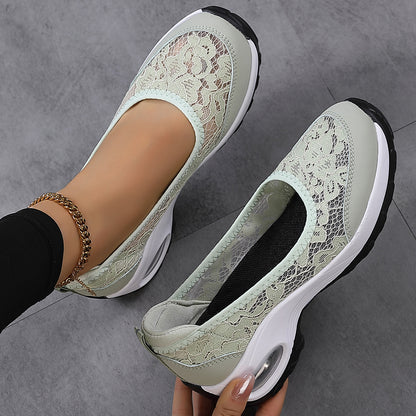 Women's Slip-On Lace Sneakers with Air-Cushioned Sole and Pull-Tab - Bellkmart