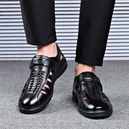 Men's Leather Sandals with Woven Detailing and Adjustable Buckle Strap - Bellkmart