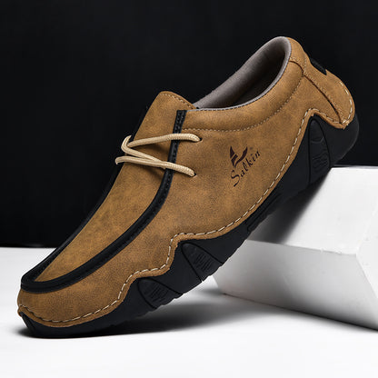 Men's Casual Suede Loafers with Contrast Stitching and Textured Sole - Bellkmart