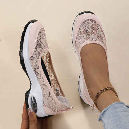 Women's Slip-On Lace Sneakers with Air-Cushioned Sole and Pull-Tab - Bellkmart