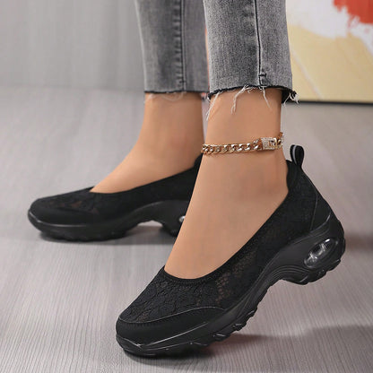 Women's Slip-On Lace Sneakers with Air-Cushioned Sole and Pull-Tab - Bellkmart