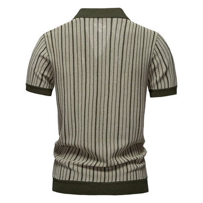 Men's Short-Sleeve Knitted Button-Up Striped Pattern and Contrast Trim Shirt - Bellkmart