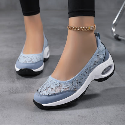Women's Slip-On Lace Sneakers with Air-Cushioned Sole and Pull-Tab - Bellkmart