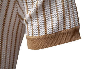 Men's Short-Sleeve Knitted Button-Up Striped Pattern and Contrast Trim Shirt - Bellkmart