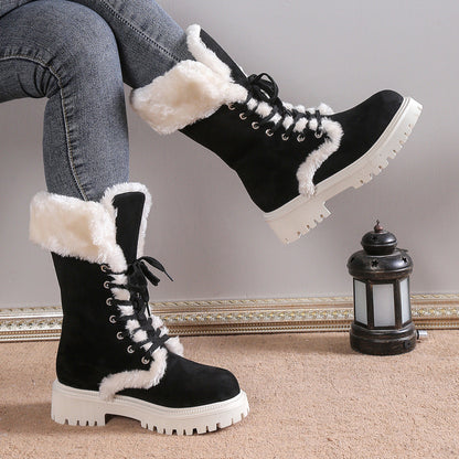 Women Solid Color Fluff Warm Snow Boots - Bellkmart
